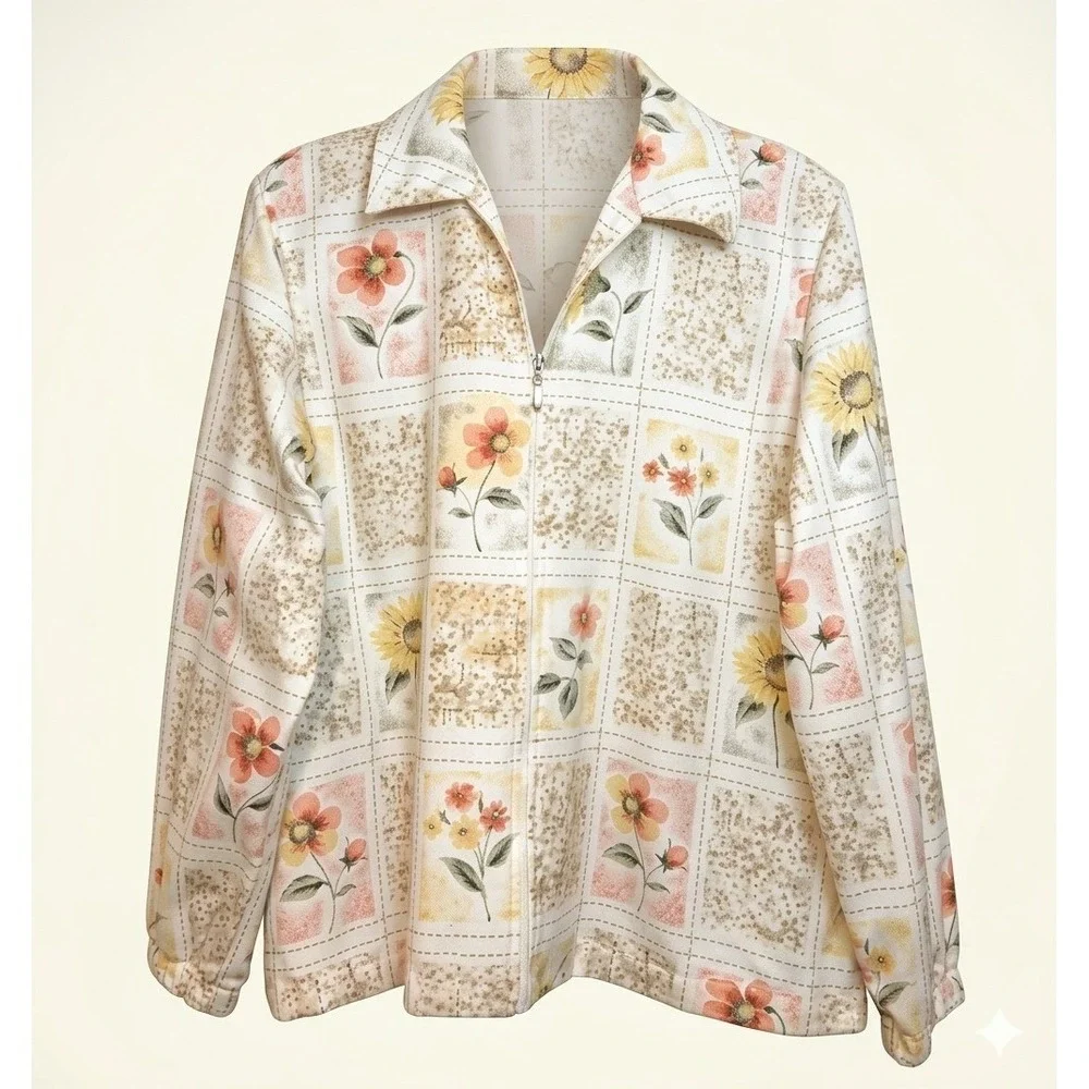 Alfred Dunner Womens 8 M Floral Zip Lightweight Jacket Cream Tan Cottage Grandma
